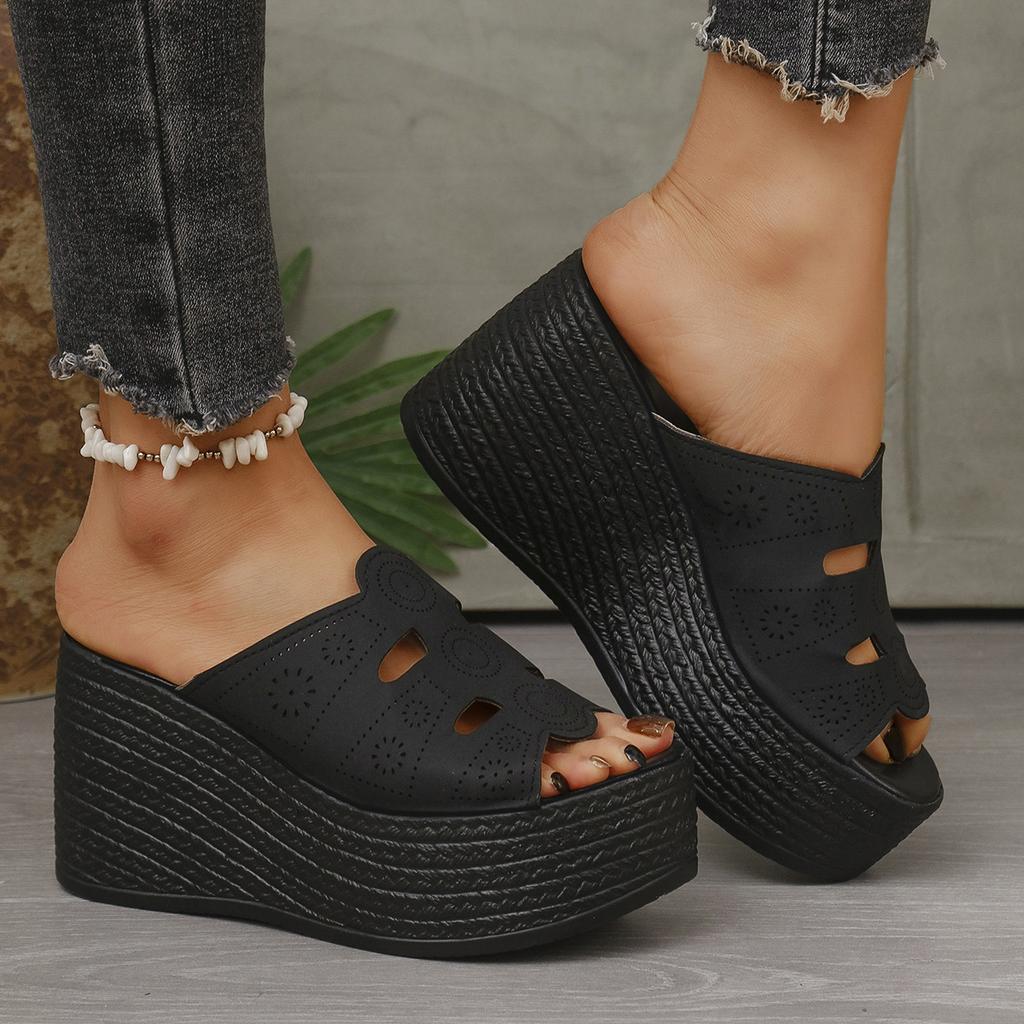 Summer New Slope Heel Thick Bottom Hollow Out Women's Slippers Fashion Versatile Women's High Heels Slippers Casual Slippers