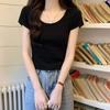 Solid color short-sleeved T-shirt for women 2024 summer new Hong Kong style chic versatile design round neck short stretch T-shirt