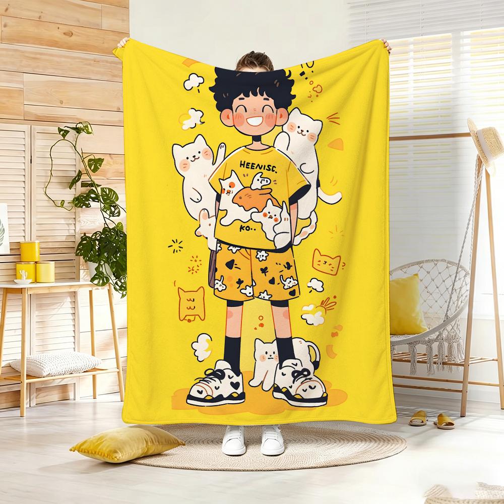 Cartoon Style Pets Warm Companionship Throw Lightweight 240G Flannel Blanket Soft Skin-Friendly For Summer Cooling
