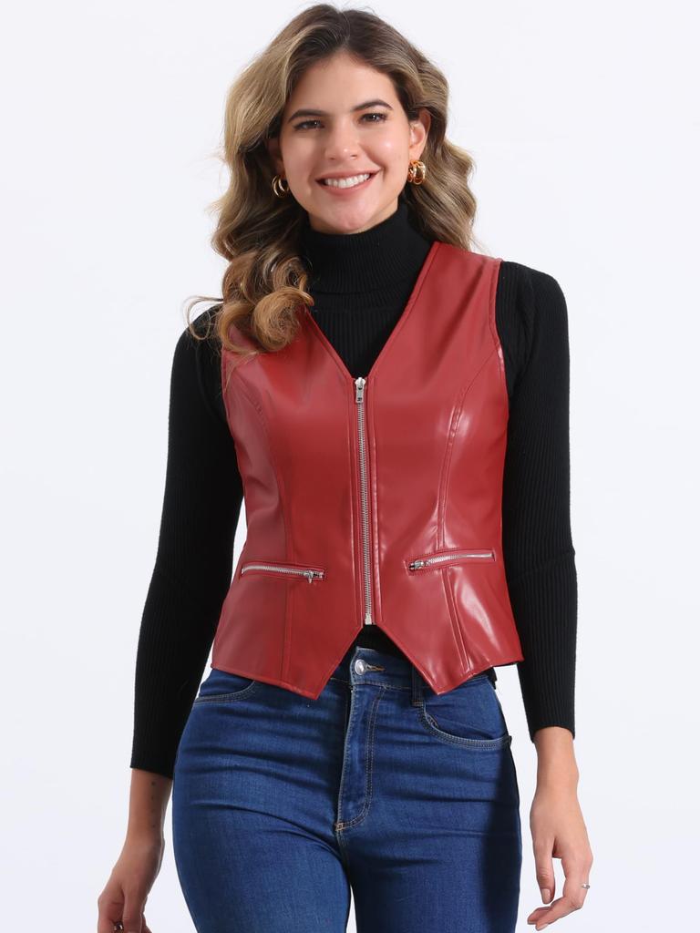 Allegra K Manteau en Faux Cuir pour Femme, Col en V, Sans Manches, Veste Gilet Biker Motard Vintage à Fermeture Éclair, Rouge, Taille L