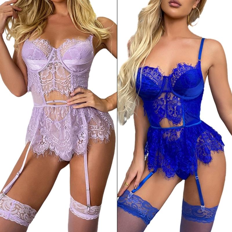 3Pcs Womens Lingerie Underwire Lace Lingerie Sets with Garter Belts One Pieced Bodysuit Teddys with Panty Stockings