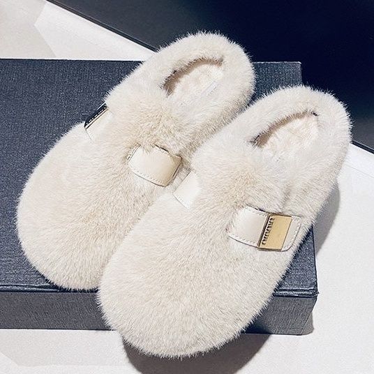 Retro fluffy slippers women's 2025 new autumn and winter soft bottom outer wear crystal plush versatile cotton drag women
