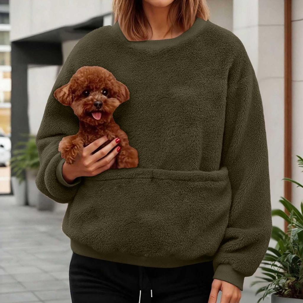 Women's Fashionable Solid Color Round Neck Long Sleeved Pocket Sports Shirt Plush Hoodie Top