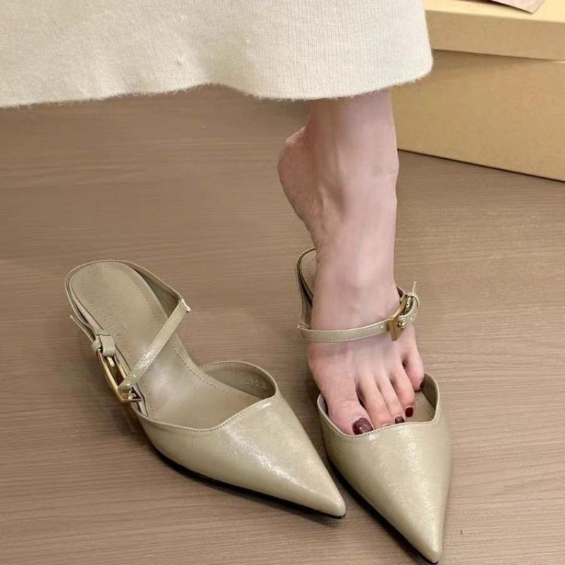 Baotou Cool Slippers Women's Thin Heel Spring and Summer New Fashion Temperament Pointed Toe Metal Buckle Mid Heel Half Drag