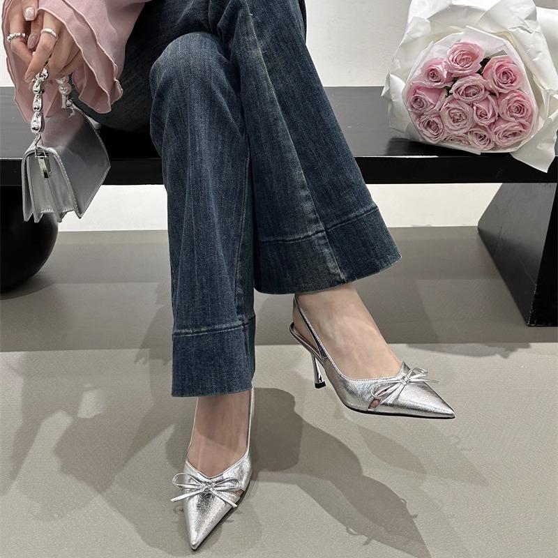 One Word with Stiletto Nude Pointed Bow Fashion Light Mouth High Heels Women's 2025 Spring Empty High Heel Sandals