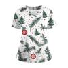 Women's Short Sleeved Christmas Printed V-neck Buttonable Side Slit Top T-shirt