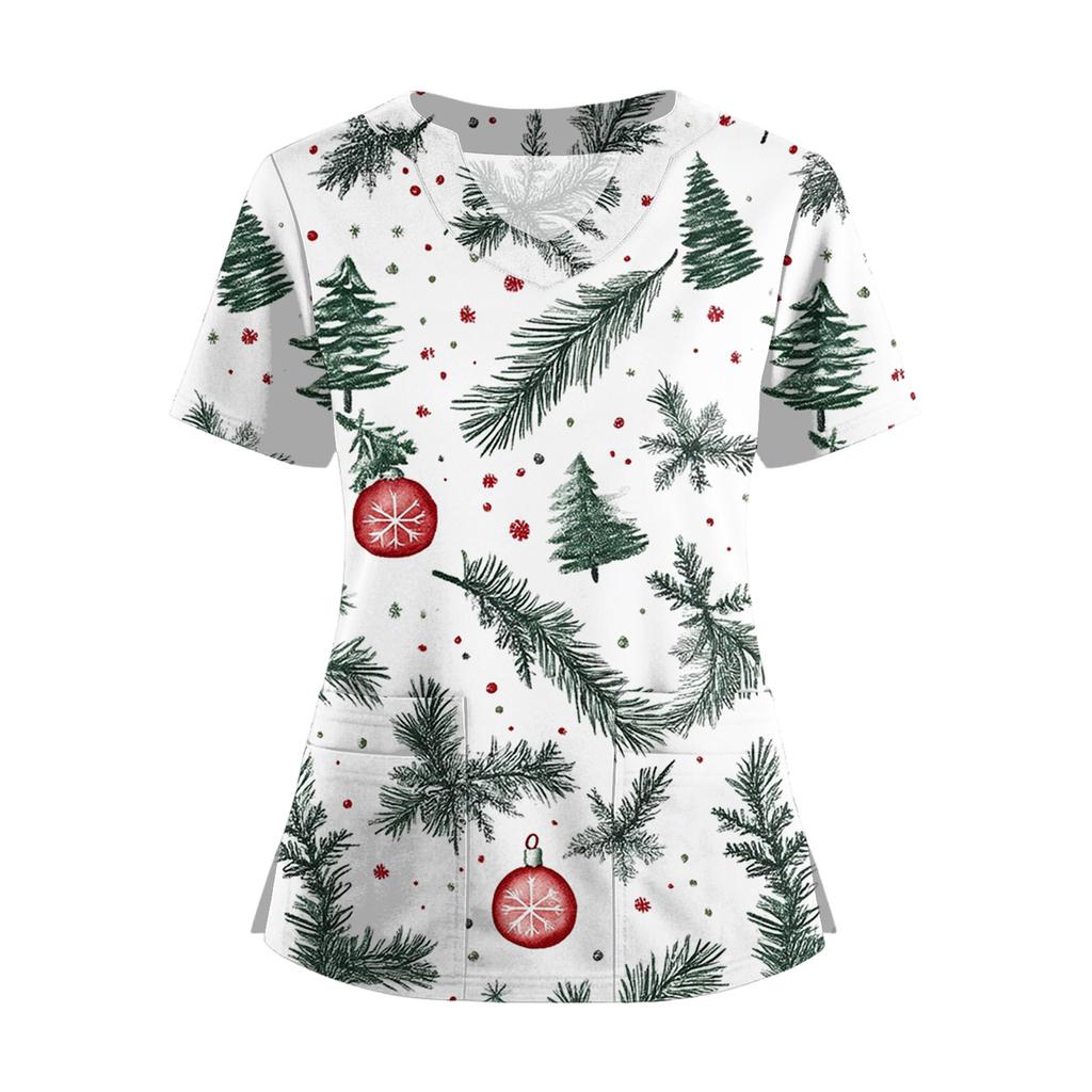 Women's Short Sleeved Christmas Printed V-neck Buttonable Side Slit Top T-shirt