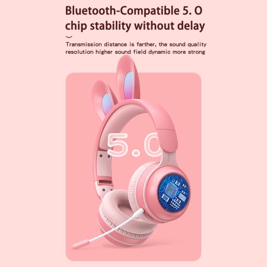 KE-01 Wireless Earbud Bluetooth-compatible 5.0 Support SD-Card RGB Light Lovely Rabbit Ear Foldable Headset for Gift