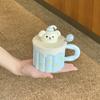 Cute cartoon yellow bear ceramic mug with lid spoon large capacity drinking cup birthday gift practical for girls