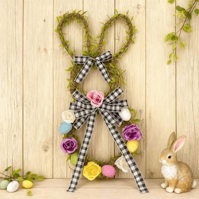 2026 Easter Bunny Wreath Plastic Rattan Ring Easter Decorative Luminous Pendant High Fake Wreath Door Hanging