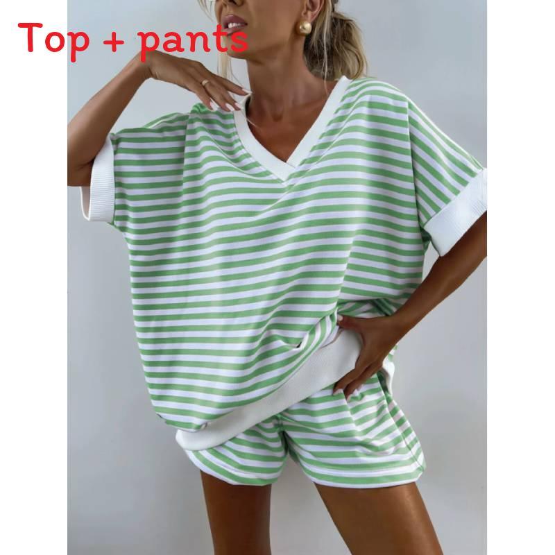 Womens Striped Knit Sweatshirt And High Waist Shorts Set With Patching For Casual Summer Wear