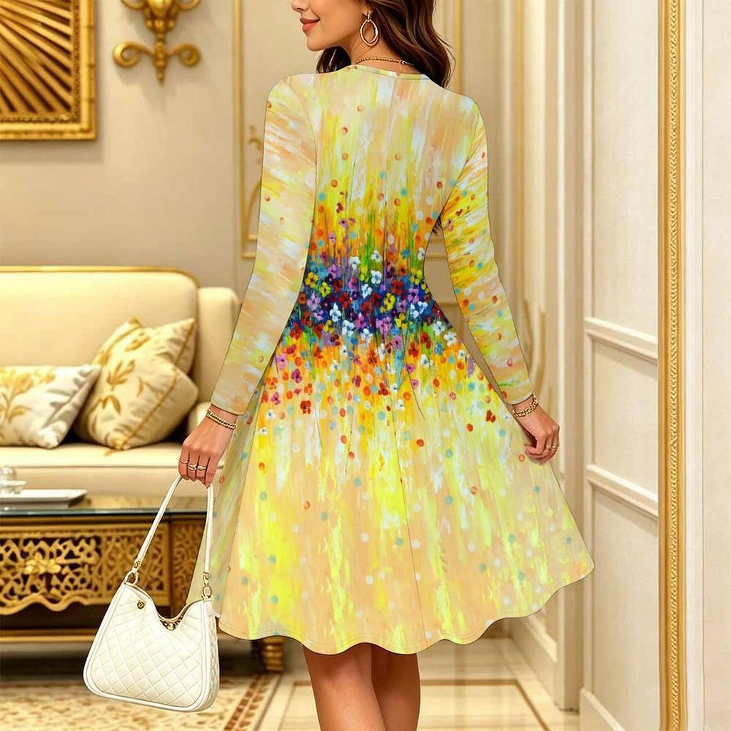 Women Long Sleeve Round Neck Midi Dress Retro Paisley Floral Swirl Print Flared Casual Dress