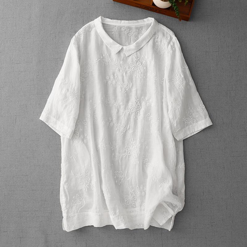 Artistic Retro Embroidered Doll Collar Shirt - Summer 2026 Collection XL