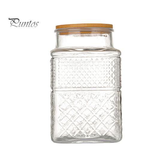 600/1300/2000ML Glass Storage Jar Vintage Diamond Pattern with Bamboo Lid Good Sealing Large Capacity Kitchen Storage Container