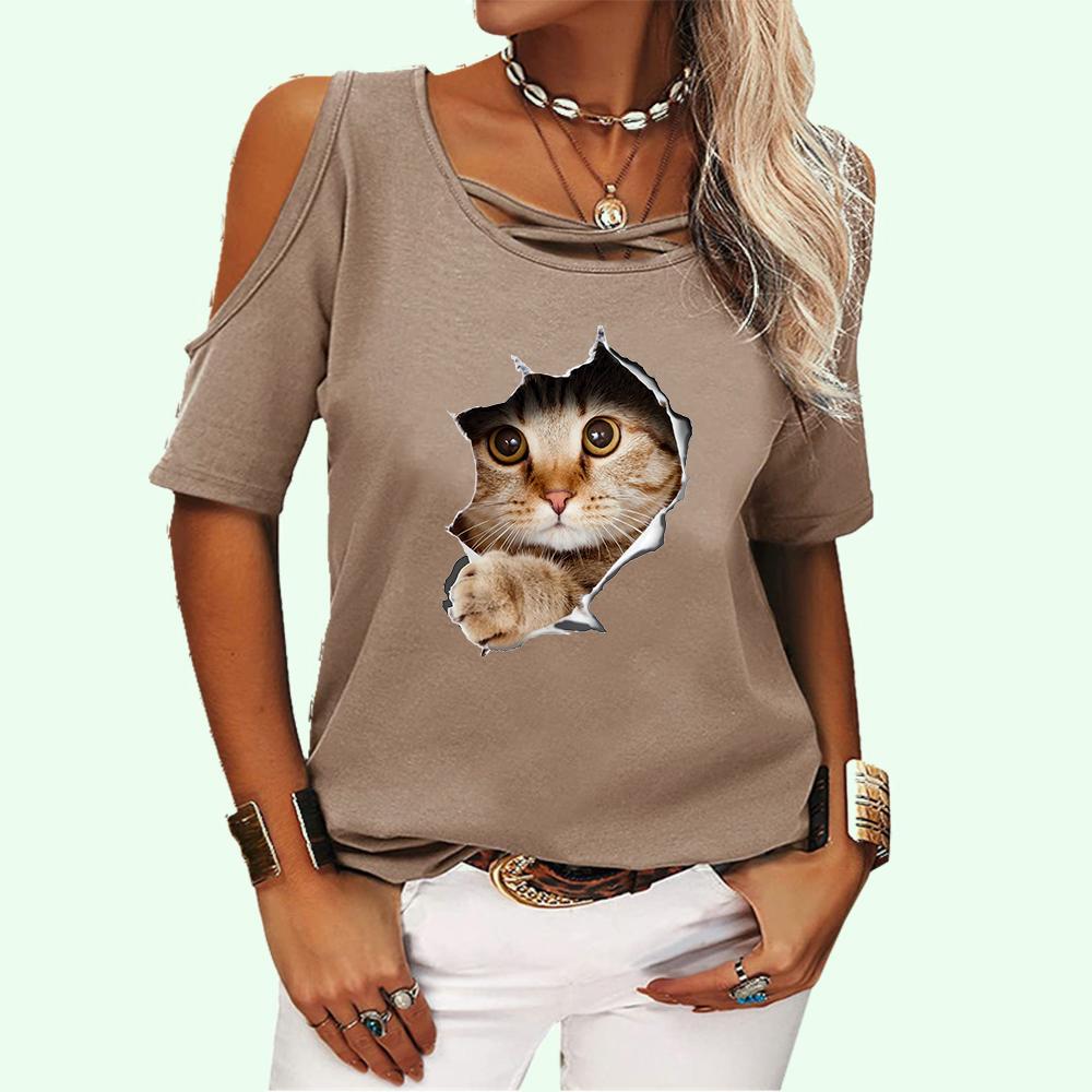 Frauen Mode Off Schulter T-shirt Sommer Casual Kurzarm T-shirt O Neck Cat Print Top Pullover Damen T-shirt