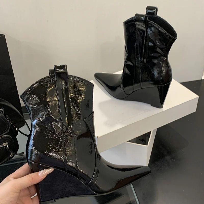 Brown Wedges Shoe Woman Chelsea Boots Autumn Pionted Toe High Heels Comfort Ladies Ankle Boots 8Cm Black Shoes