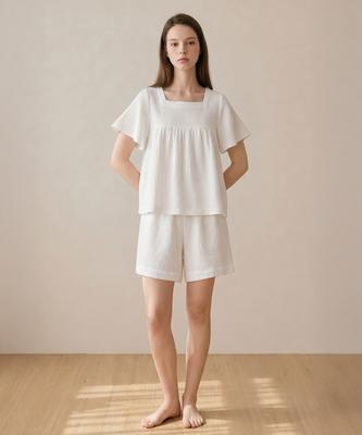 Boilhauseu Airy Cotton Shirring Pajama Set (Misty White)