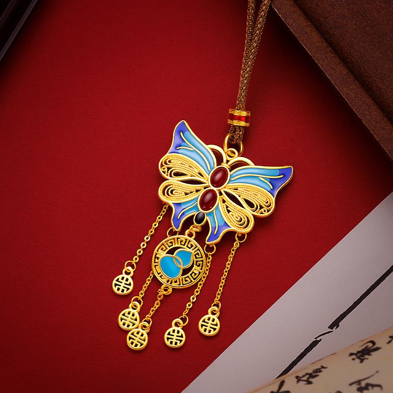 Meier Guochao high temperature enamel filigree cut out pendant sand gold ancient gold butterfly lotus compass necklace