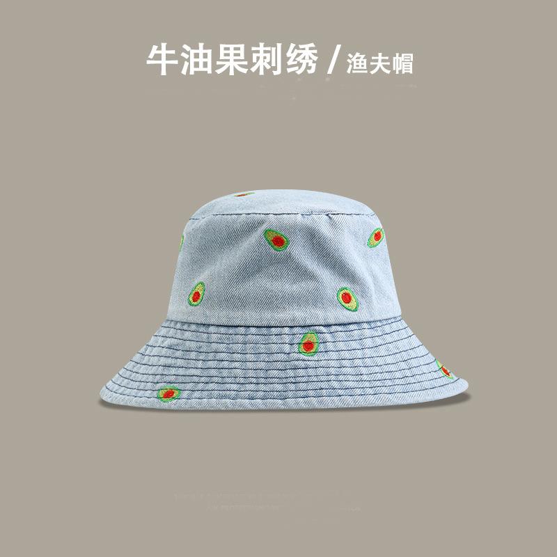 Denim Bucket Hat Female Versatile Simple Avocado Embroidered Bucket Hat Spring and Autumn Sunscreen Student Trend Basin Hat