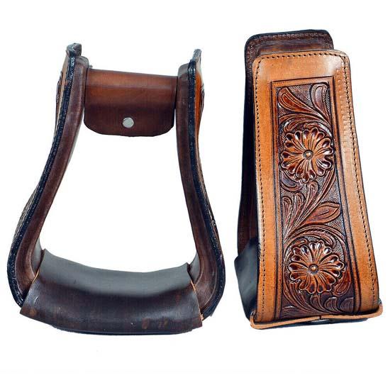 High Quality Horse Western Stirrups Saddle Tack Floral Handmade Tooled Leather Covered Pair