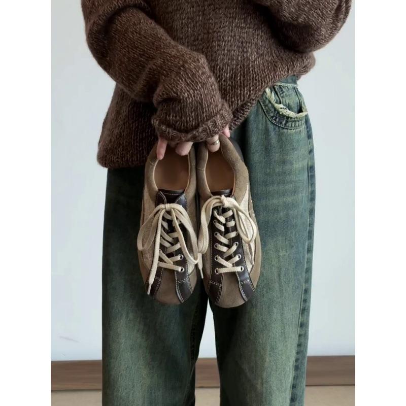 Sheepskin version~ retro leather lace-up women's new niche casual sports shoes flat bottom