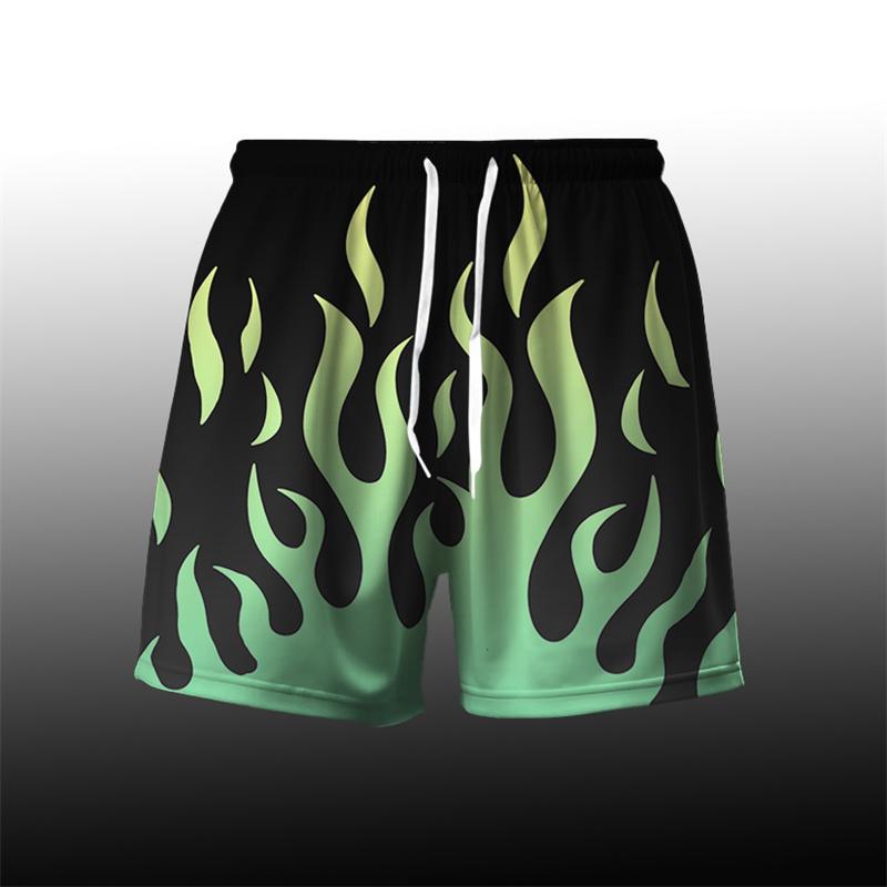 Flame Pattern Cool Harajuku Men's Board Short Y2k Personality Fire Stripe 3D Print Beach Shorts Breathable Loose Fashion Trunks