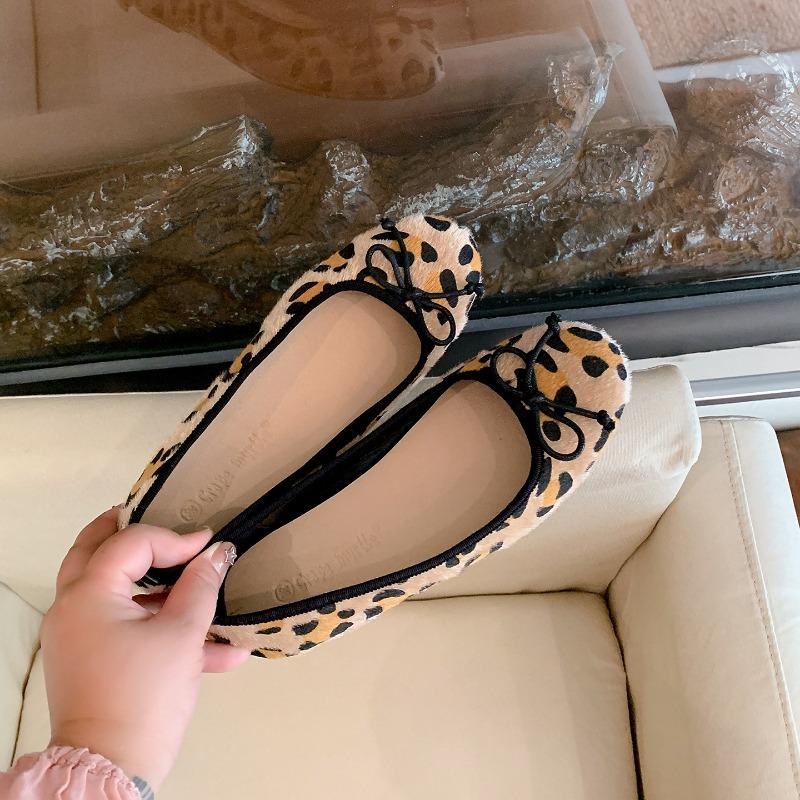 Leopard Print Leather Horsehair Round Head Bow Light Mouth Flat Sole Shoes Versatile Comfortable Ballet Women's Shoes