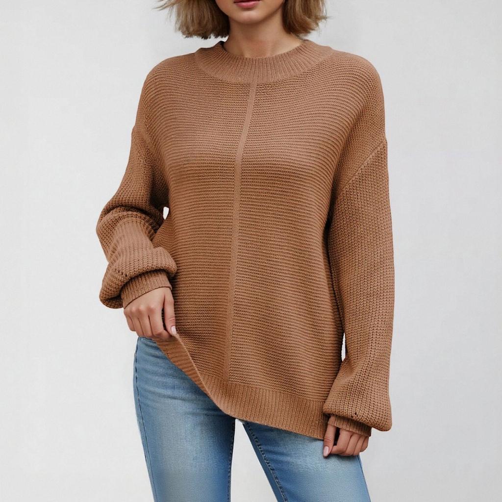 Women's Round Neck Long Sleeve Casual Loose Knit Solid Color Soft Pullover Sweater Top