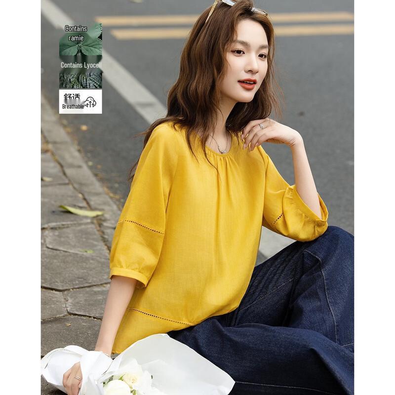 De Mana Ramie Lyocell Blend Lace Trim Round Neck Blouse S