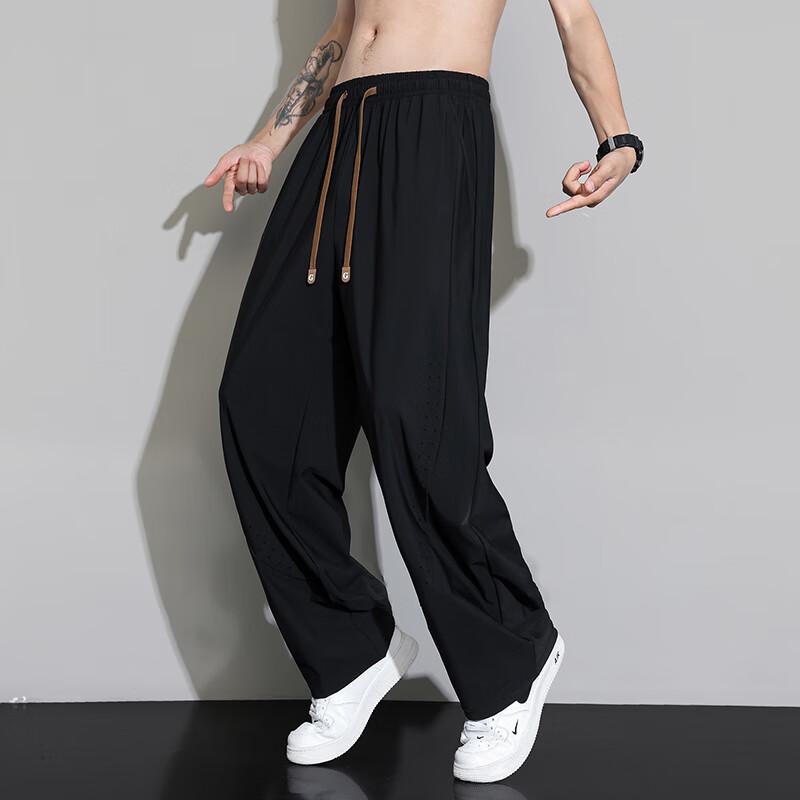 POUM Ice Silk Straight-Leg Pants for Men, Spring And Summer Loose-Fit Sports Breathable Cool Quick-Dry Draping Trousers 2529 Black M