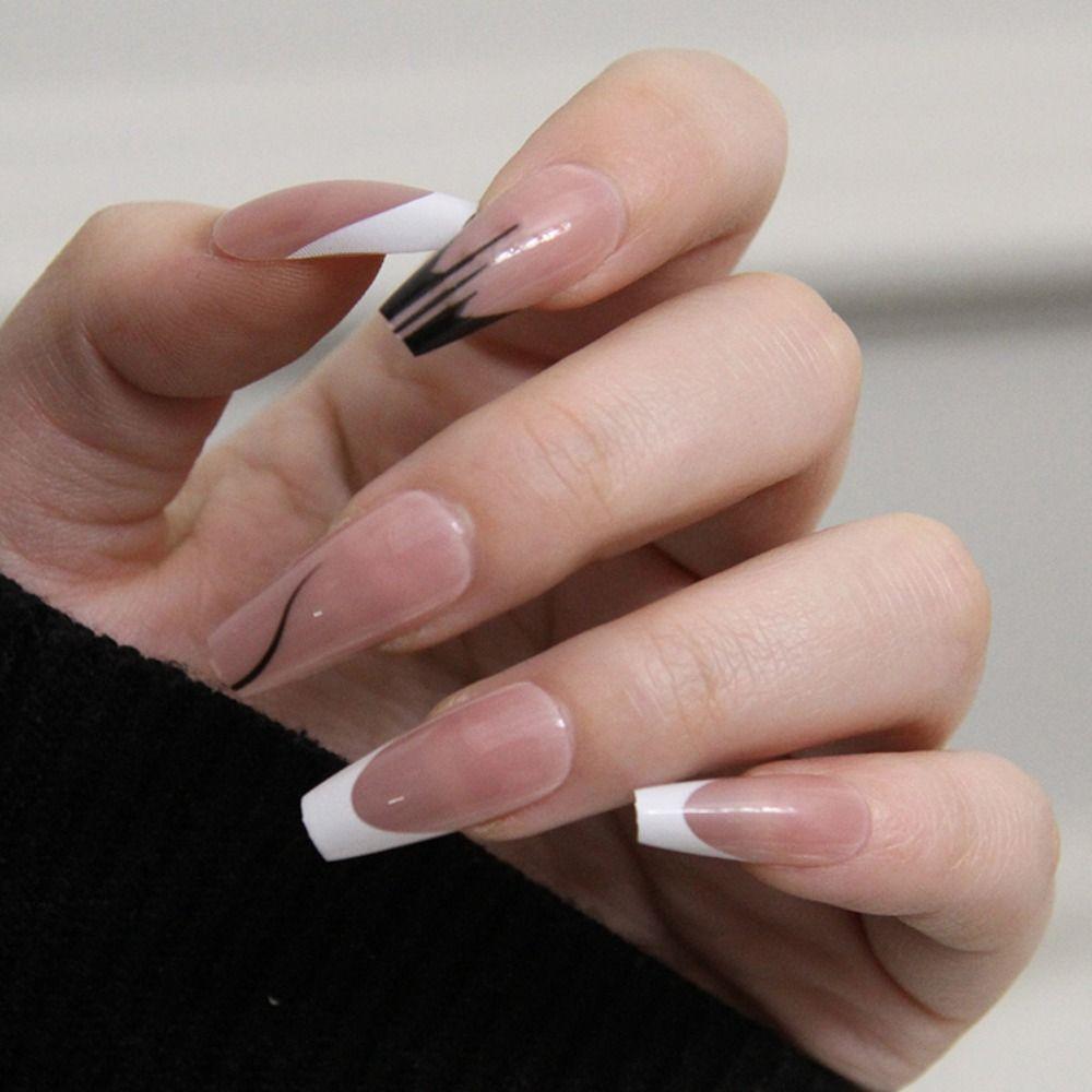 

24pcs Nail Tips Full Cover DIY Black White Long French Ballerina Fake Nails