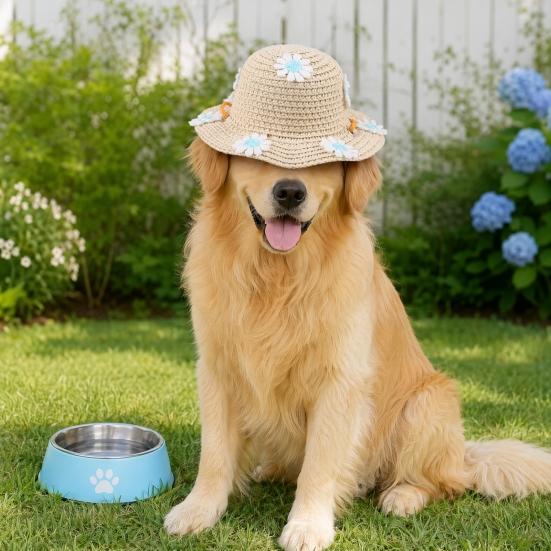 Jijijing Dog Straw Hat, Cute Flower Pet Sun Breathable Summer Wide Brim Hat for Dogs Cats Camping Hiking