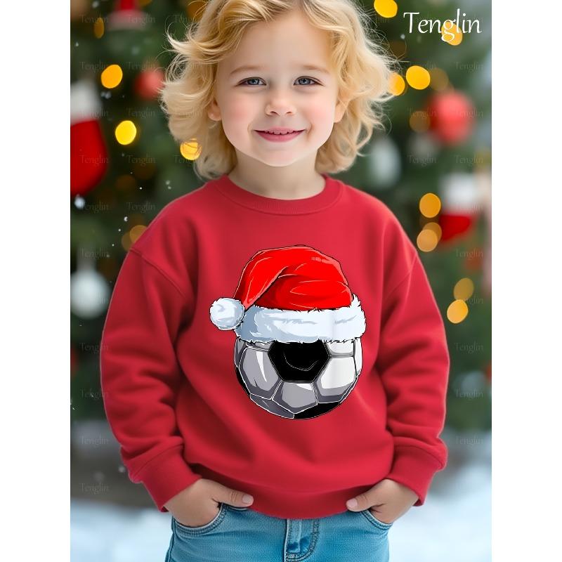 Kids Sweatshirt [Christmas] Football Christmas Hat Print Fleece Warm Through Sweater Fashion Print Pattern Kids  Wear Casual Long Sleeve 110 красный