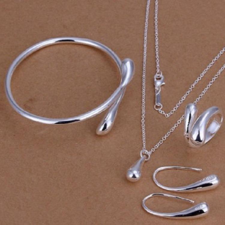 Retro Silver Jewelry Set: Water Drop Earrings, Bracelet, Necklace, Ring, and Oval Earrings for Women