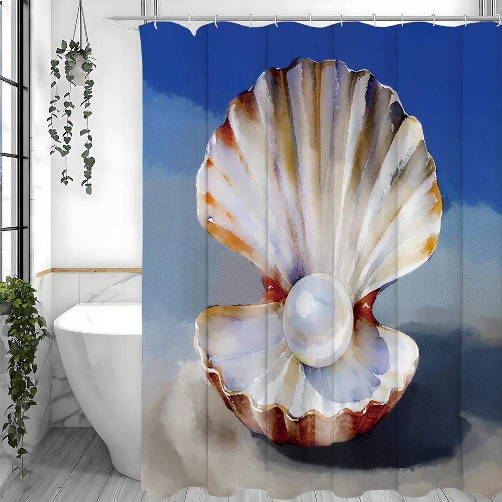 Aquarell Ozeanschale Perle Duschvorhang, Dekorativer Duschvorhang für das Badezimmer, Wasserdichter Duschvorhang mit Haken