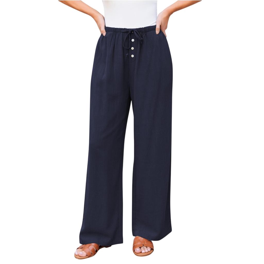 Women's Casual Fashion Cotton And Linen Drawstring Button Trousers