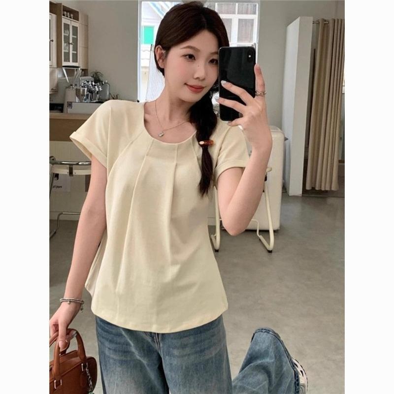 

Solid Color Short Sleeved Women s T-shirts Fashionable Pleated Design Tops Korean Minimalist Ladies Clothing M абрикосовый