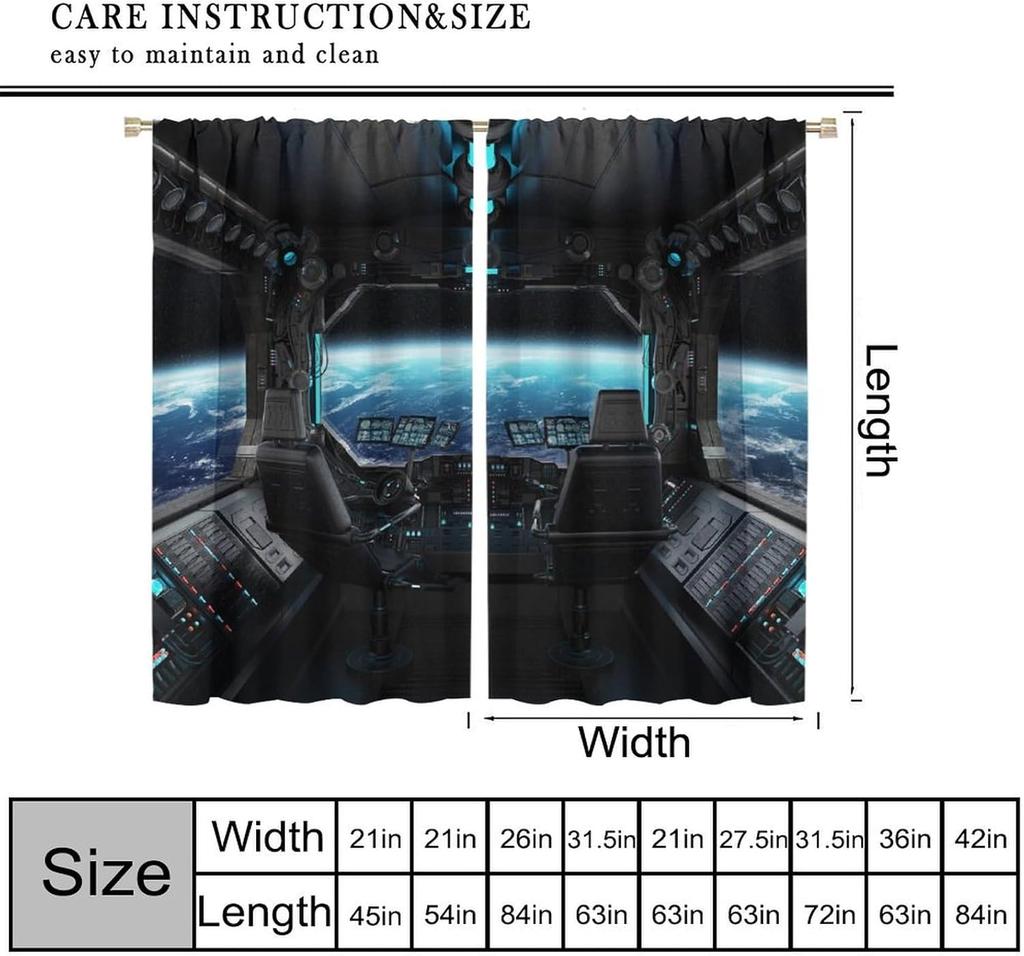 Spaceship Curtains Galaxy Futuristic Science Spacecraft Cabin Art Printed Window Drapes Kids Boys Bedroom Decor Fabric Curtain Polyester Washable