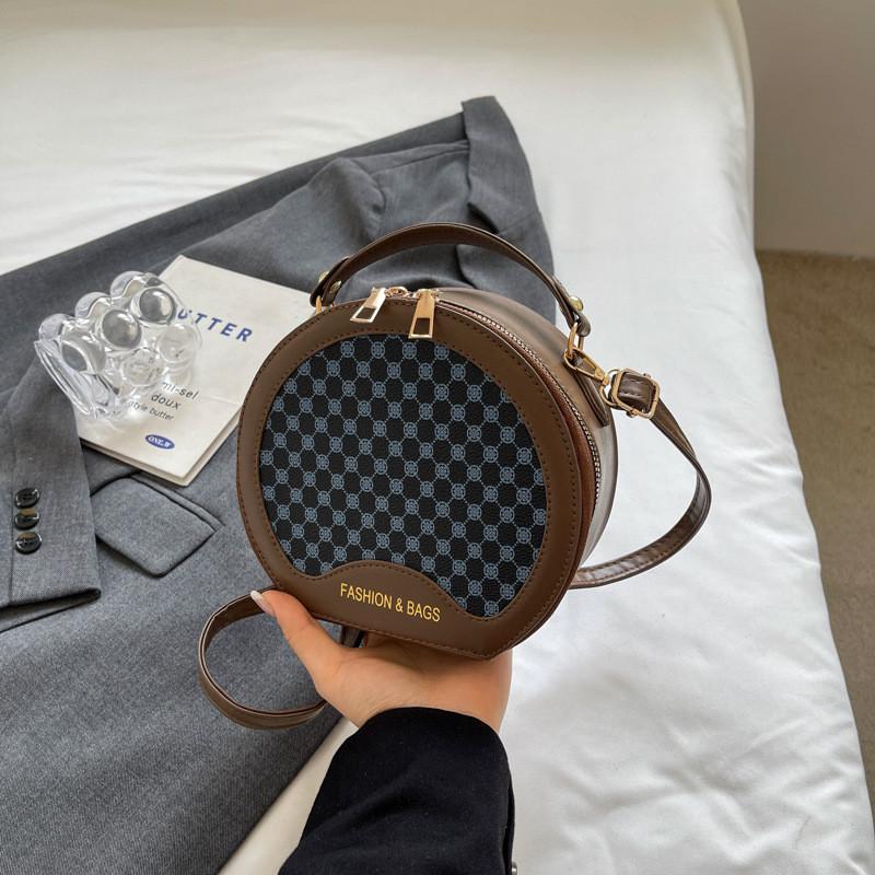 Trendy Chic Mini Round Shoulder Bag For Women With Unique Stitching Design In Black And Khaki Black