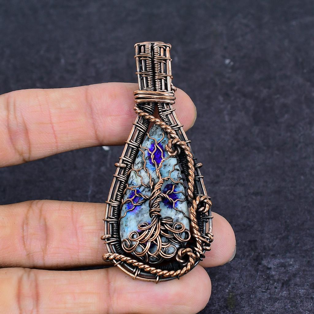 K2 Blue Azurite Gemstone Copper Wire Wrap Jewelry Pendant 2.84"