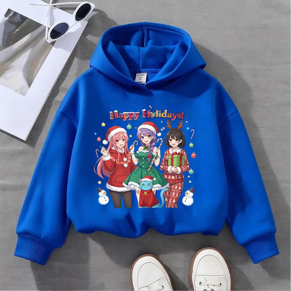 Festive Christmas Kids Hoodie with Adorable Anime Girls and Cute Cat Design for Season's Greetings