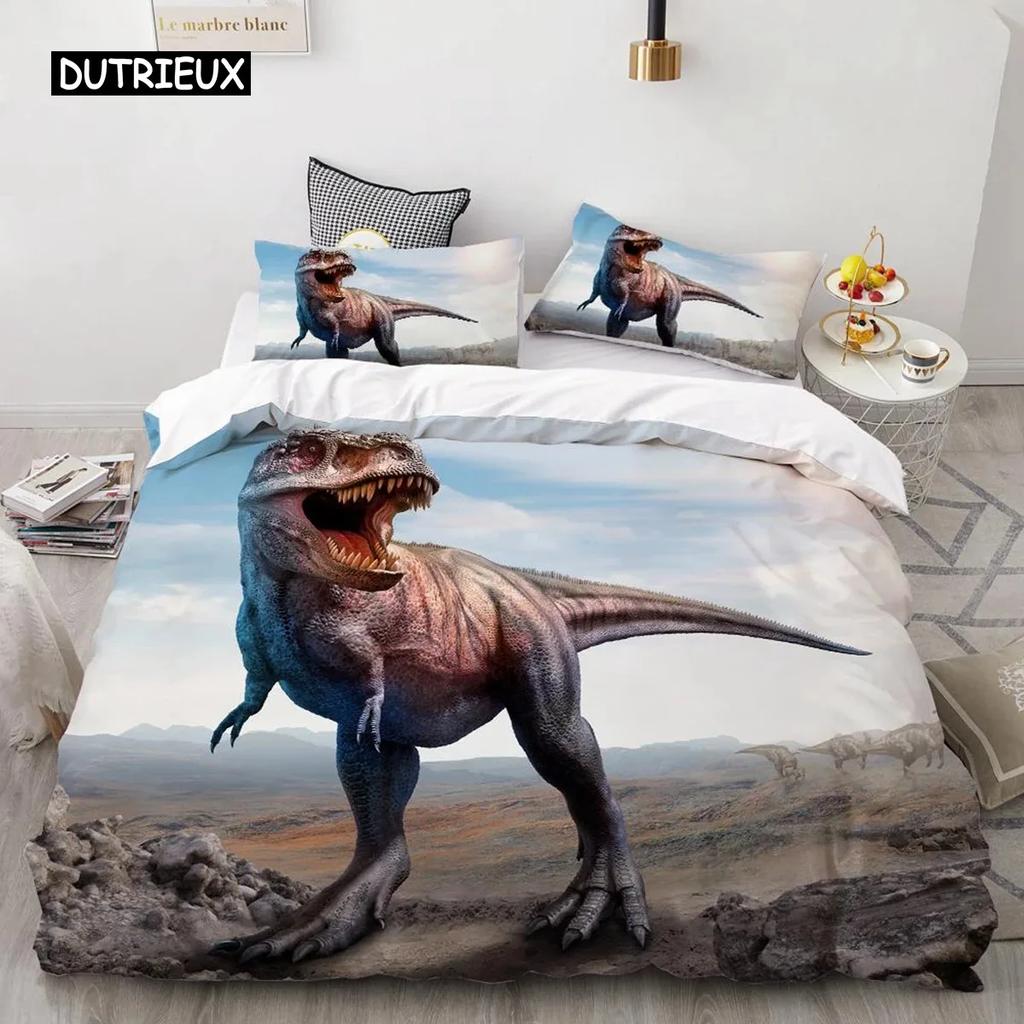 Dinosaur Soft Duvet Cover Set Twin Sized Dimensions Polyester Comfortable Quilt Cover Jurasic World Park Dinosaur Prints Twin Beding Set for Children