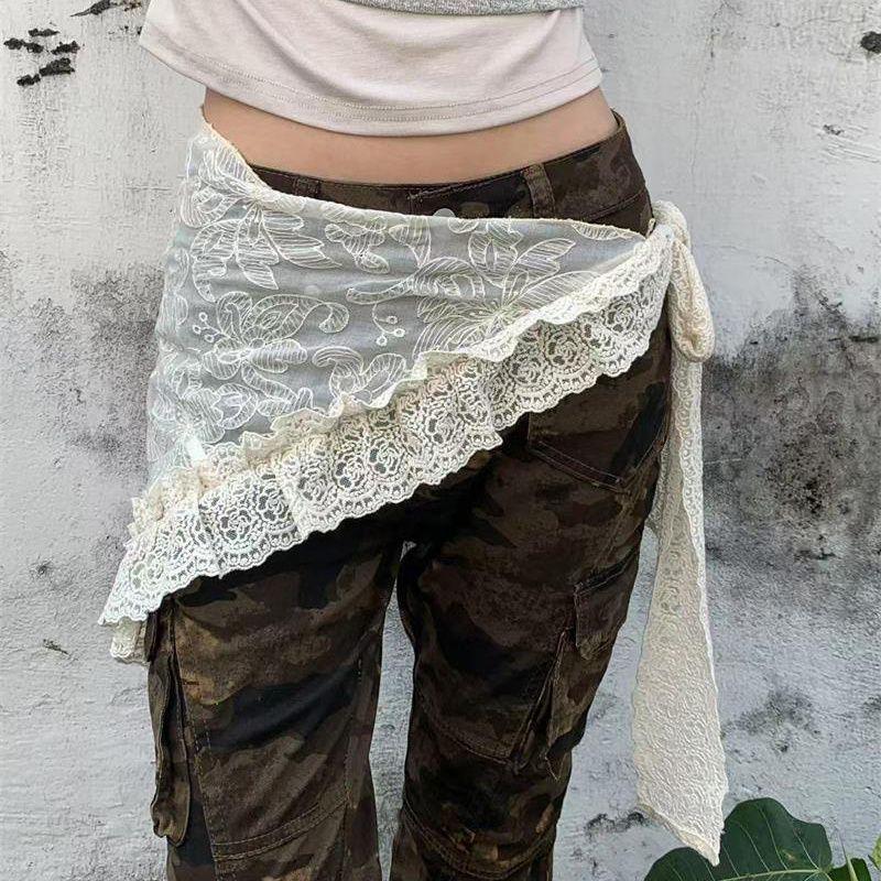 

Весна 2025 Корейская жаккардовая миди-юбка с кружевной оборкой, деталью в виде завязки и накладным карманом-шарфом на бедре One Size абрикосовый