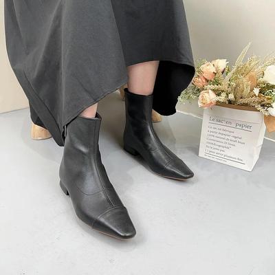 Einfarbige Echtleder-Reißverschluss-Rückseite, niedriger Absatz, kurze Stiefel für Damen, Chelsea-Stiefel mit spitzer Zehenpartie