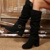 Double Buckle High-heeled Fashion Boots 2025 Winter New Suede Plus Size Thick Heel Round Toe Boots for Women