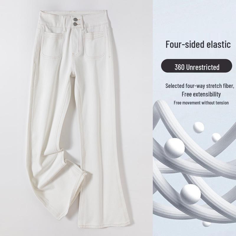 

Women s High-Waist Micro-Flare White Denim Pants with Pockets - Four-Way Stretch Leg-Shaping Design for Spring 2026. XS
