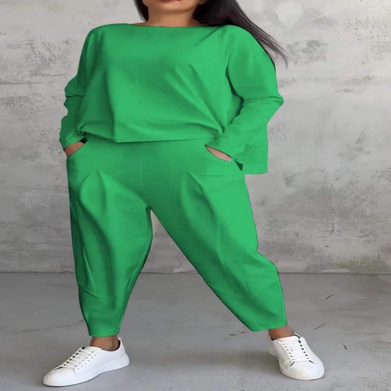 Women's Trousers Suit O-neck Long Sleeve Loose T-shirt Solid Color Trousers Pocket Simple 2-piece Set Loungewear