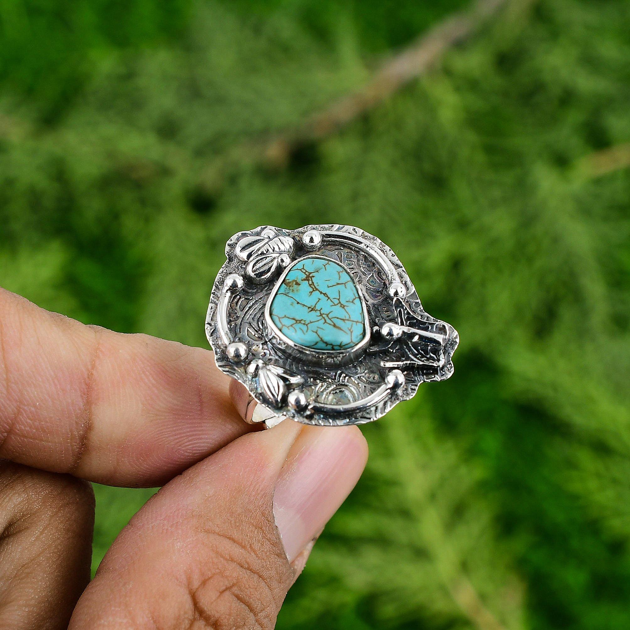 

Gift For Her Natural Tibetan Turquoise Promise Adjustable Ring 925 Silver Adjustable