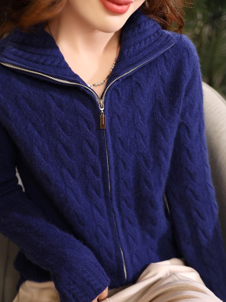 Women's Autumn Thick Wool Cable Knit Cardigan - Lazy Style, Loose Fit, Long Sleeve, Stand Collar Sweater Coat