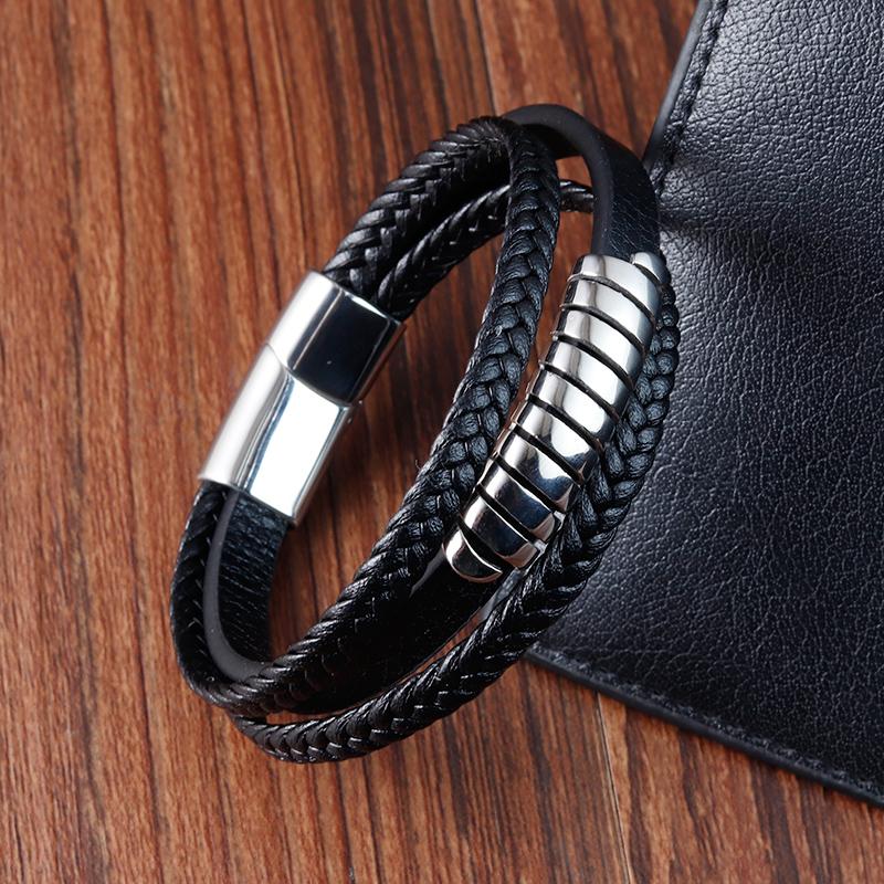 

Men Bracelet Fashion Multi-layer Leather Stainless Steel Magnet Clasp Bangles Birthday Jewelry for Male Accessories Gifts 21cm